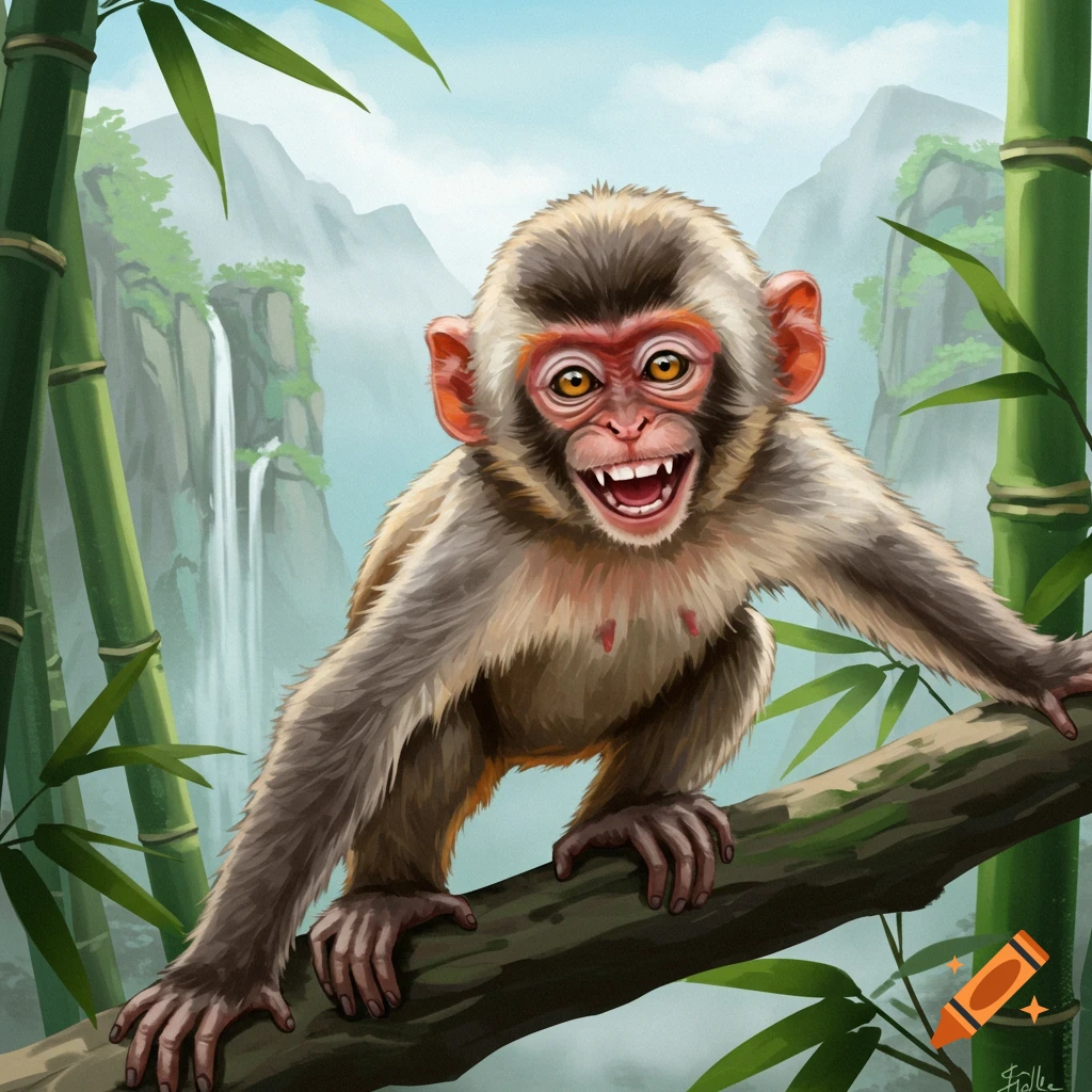 Grinning monkey on a branch in a jungle with bamboo and waterfall, illustration style