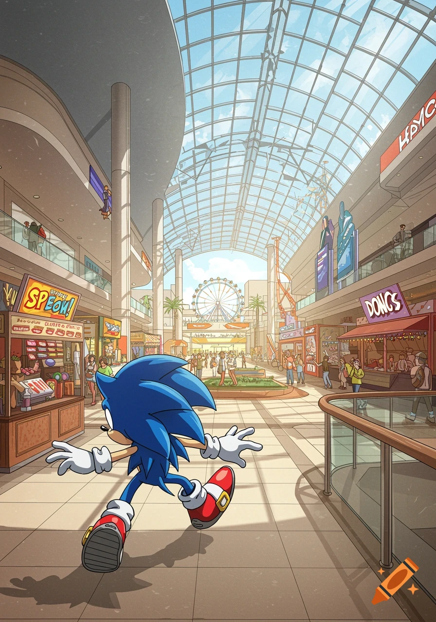 Cartoon style illustration of Sonic the Hedgehog running through a large, bright mall atrium with shops and a Ferris wheel.