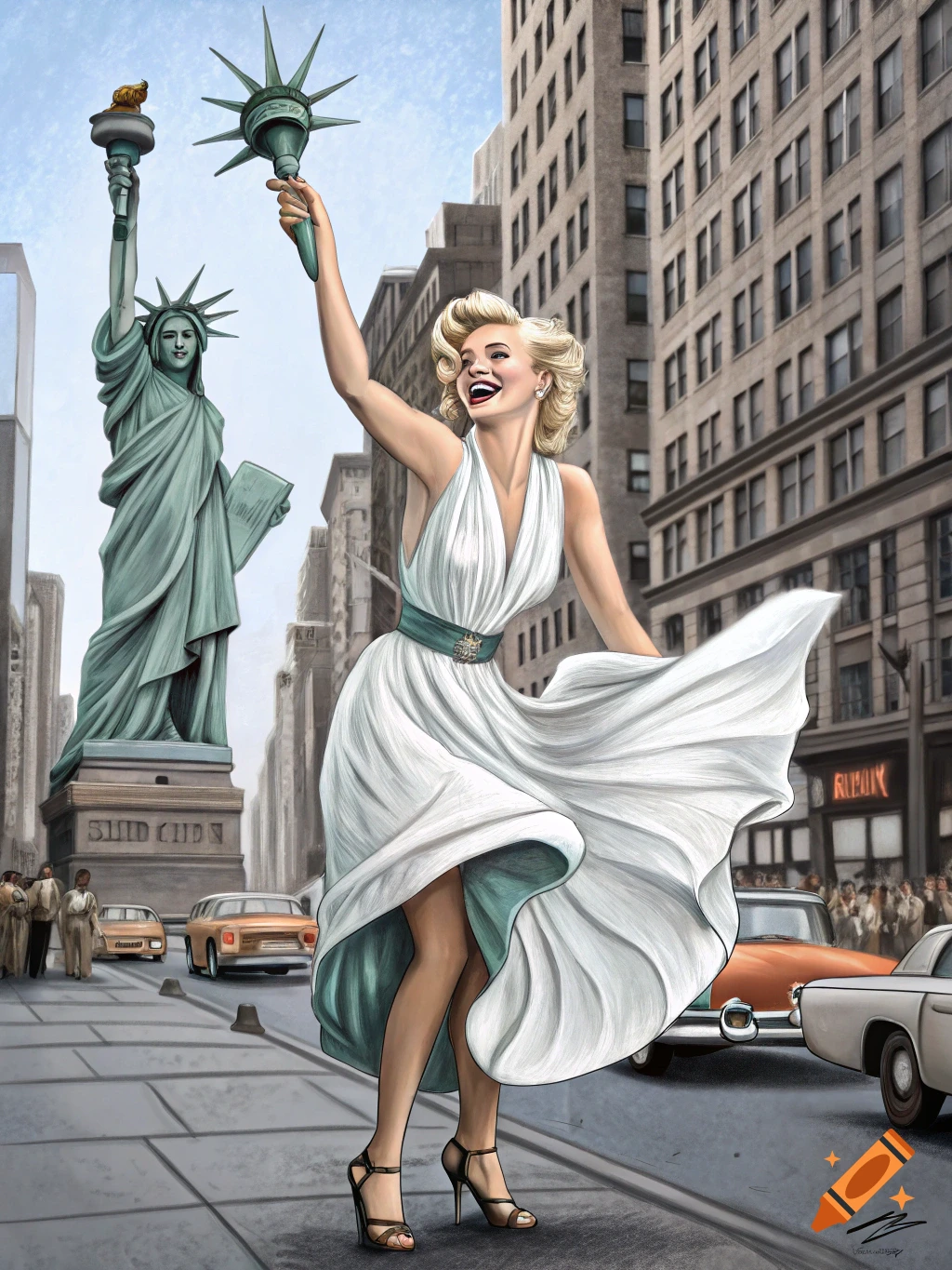 Illustration of a figure resembling Marilyn Monroe holding a torch next to the Statue of Liberty on a New York street, dress blowing.