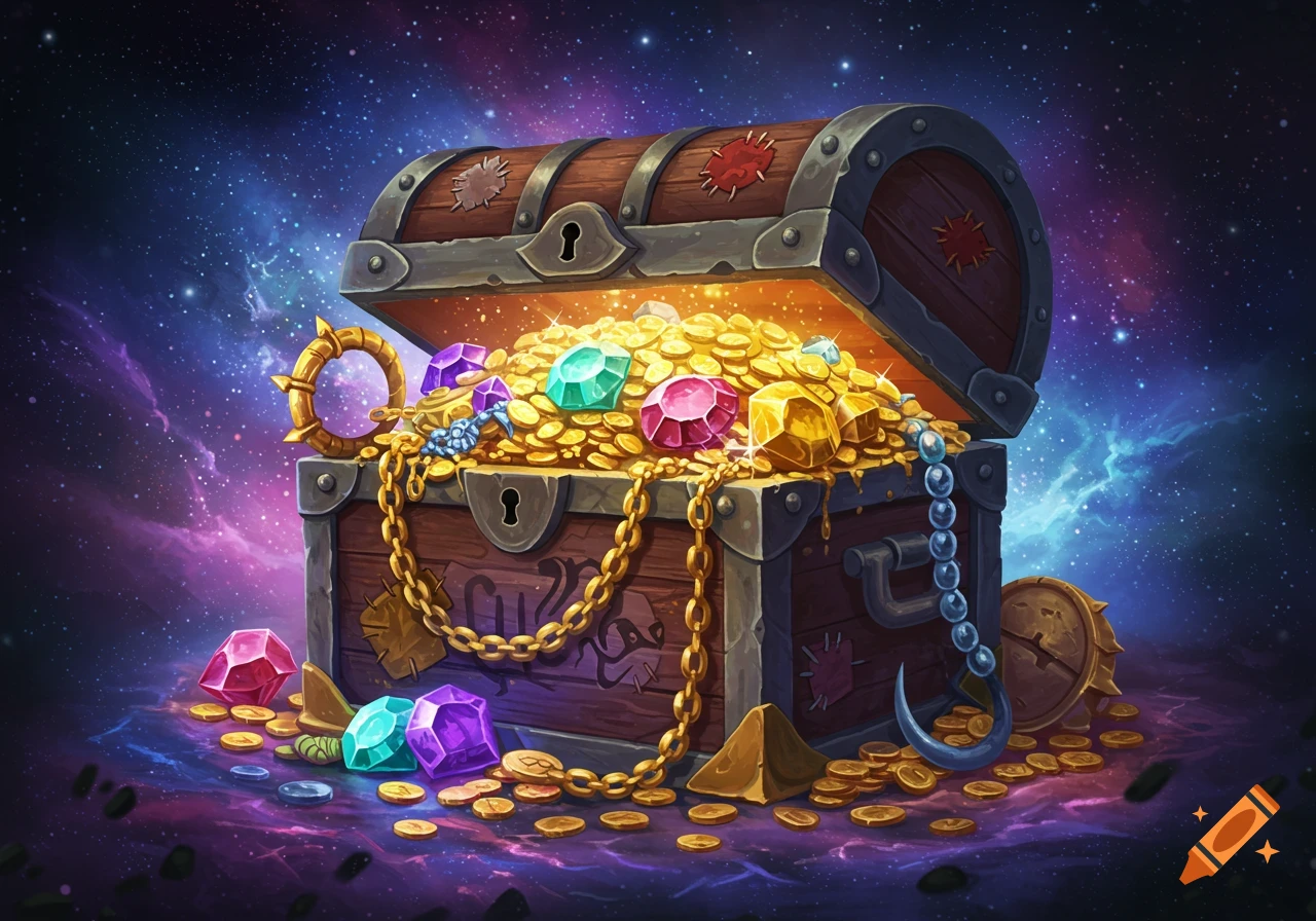 An open treasure chest overflows with gold coins and colorful gems against a starry space background.