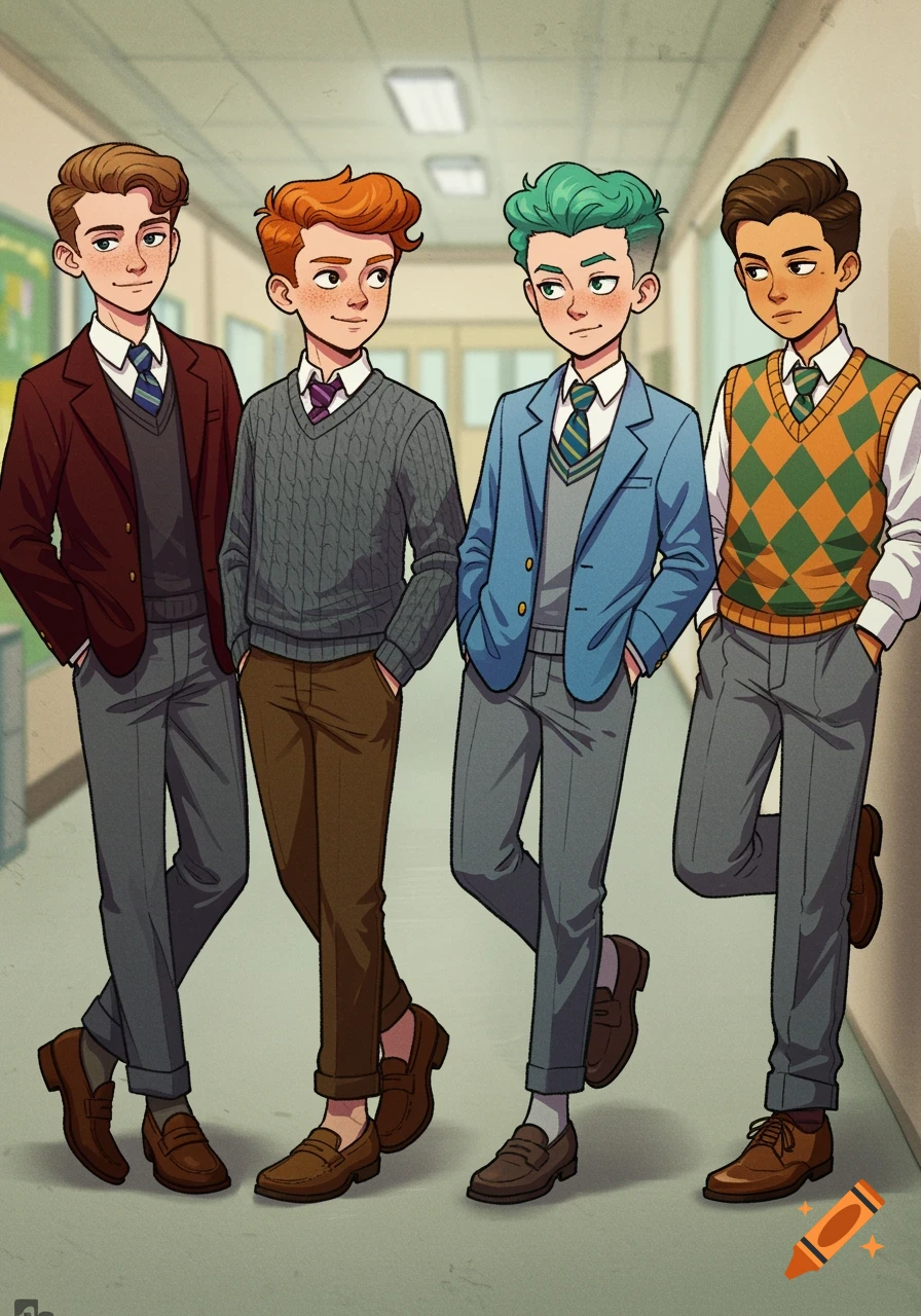 Anime illustration of four teenage boys standing in a school hallway, wearing jackets, sweaters, and ties.