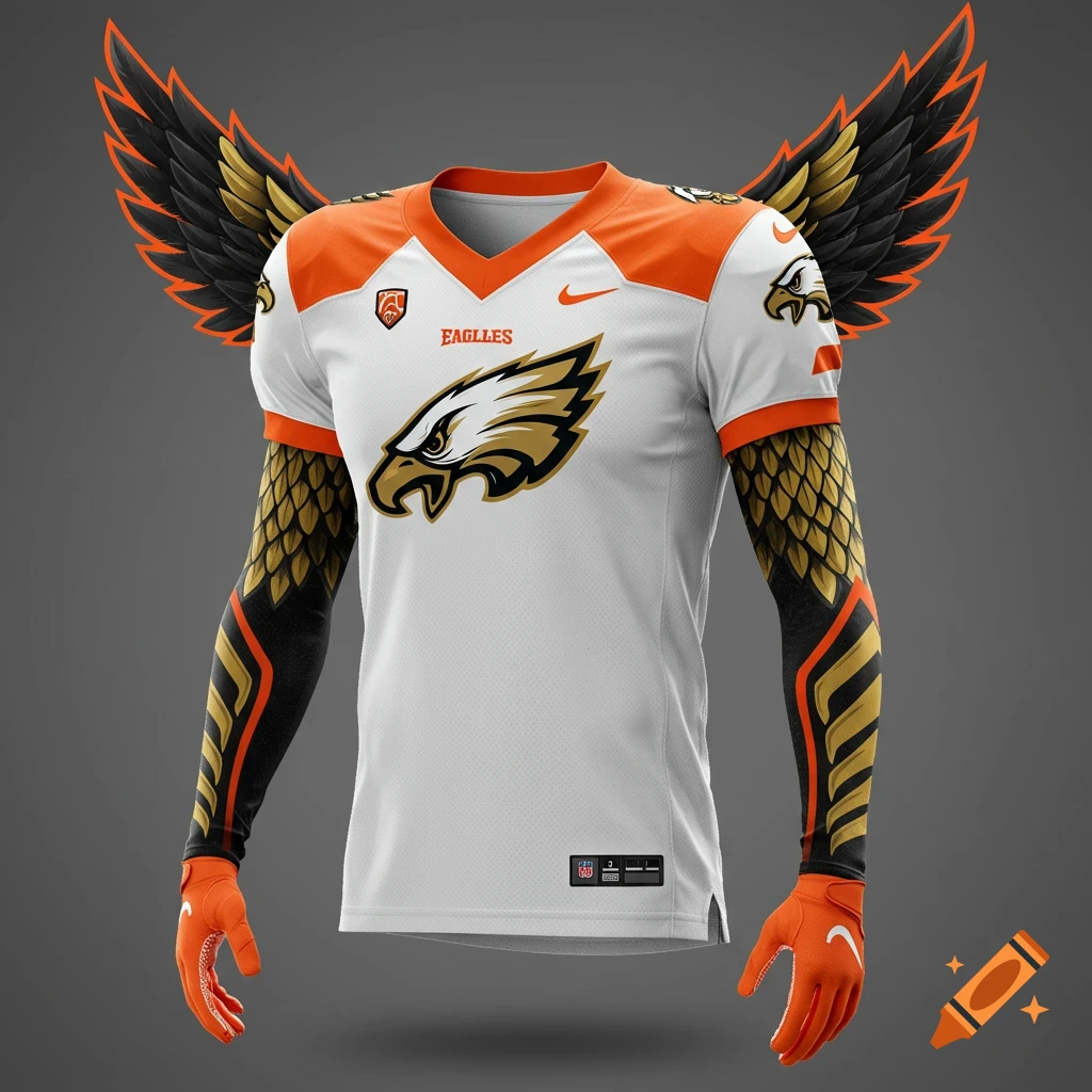 Football jersey mockup in white, orange, black, and gold with eagle logo and wings on shoulders