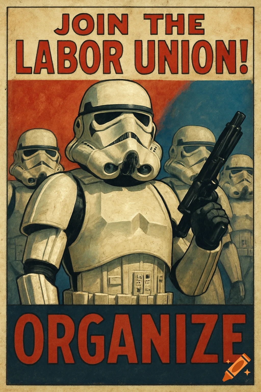 A Star Wars-style propaganda poster featuring stormtroopers. Text reads "JOIN THE LABOR UNION!" and "ORGANIZE".