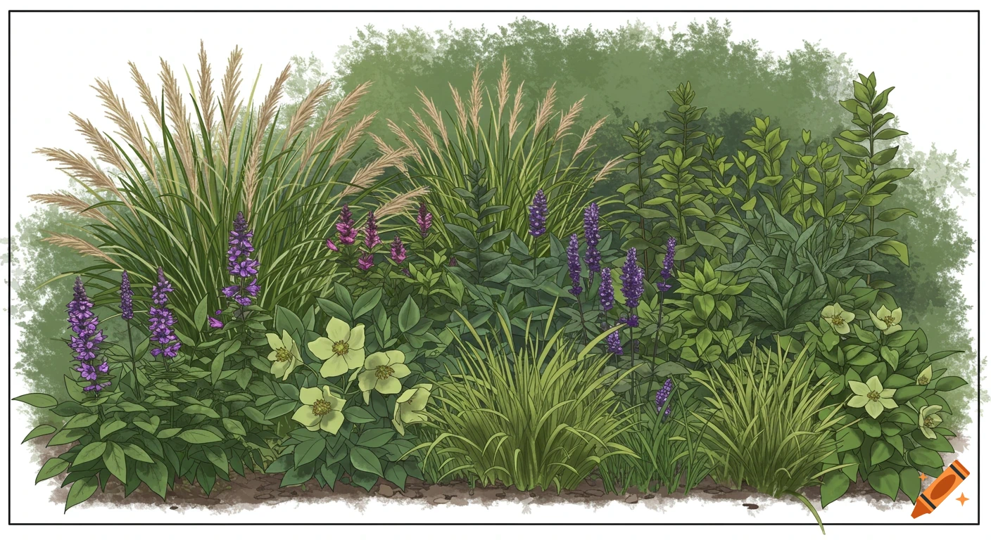 An illustration of a lush garden bed with various plants and flowers.