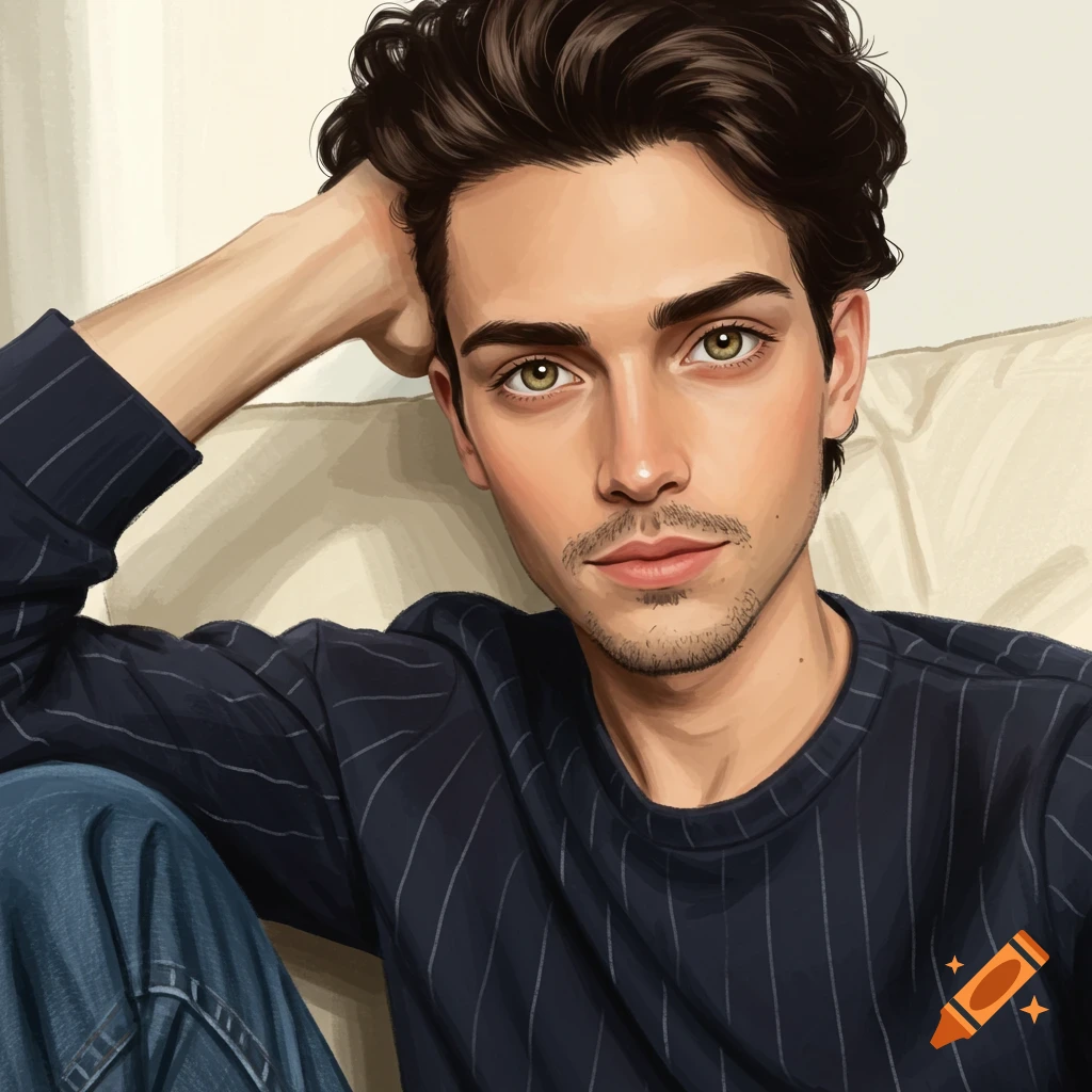 Close-up portrait of a young man with dark hair, green eyes, goatee, wearing a striped shirt and jeans.
