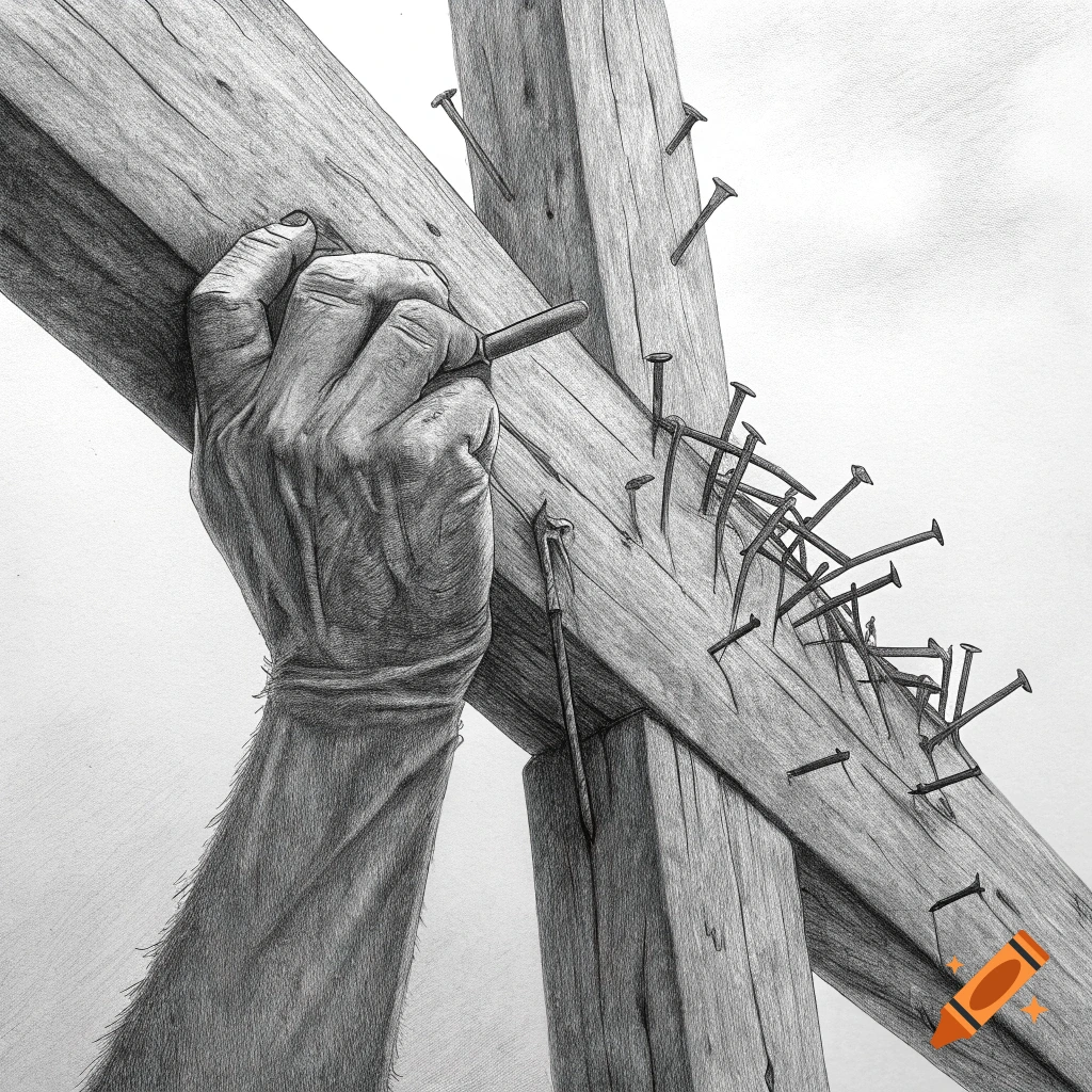 Pencil drawing of a hand being nailed to a wooden cross.