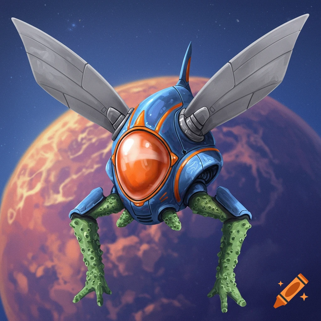 An alien creature with grey wings, a blue body, orange window, and green tentacle-like legs flies above a planet.