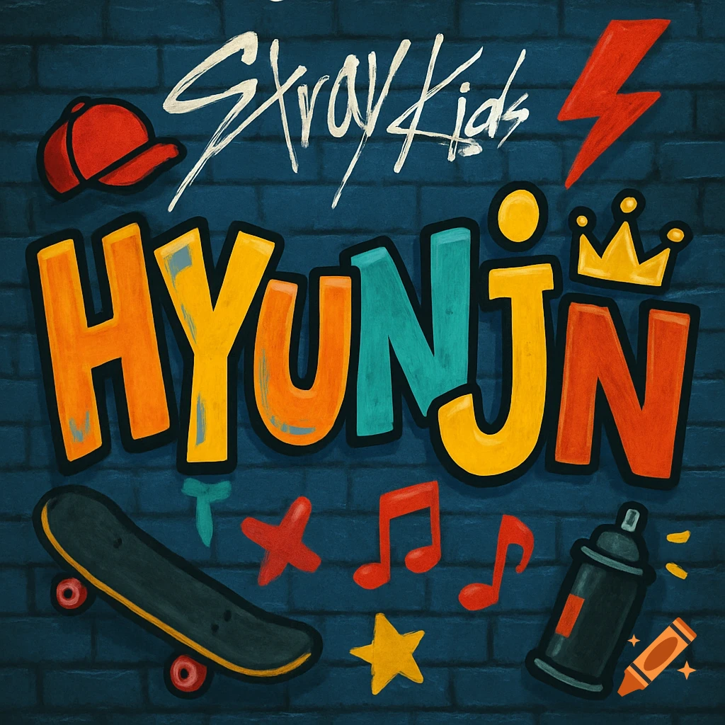 Graffiti art on brick wall with 'Stray Kids' and 'HYUNJIN' in colorful letters, surrounded by urban icons like a skateboard, music notes, lightning bolt, crown, and cap.