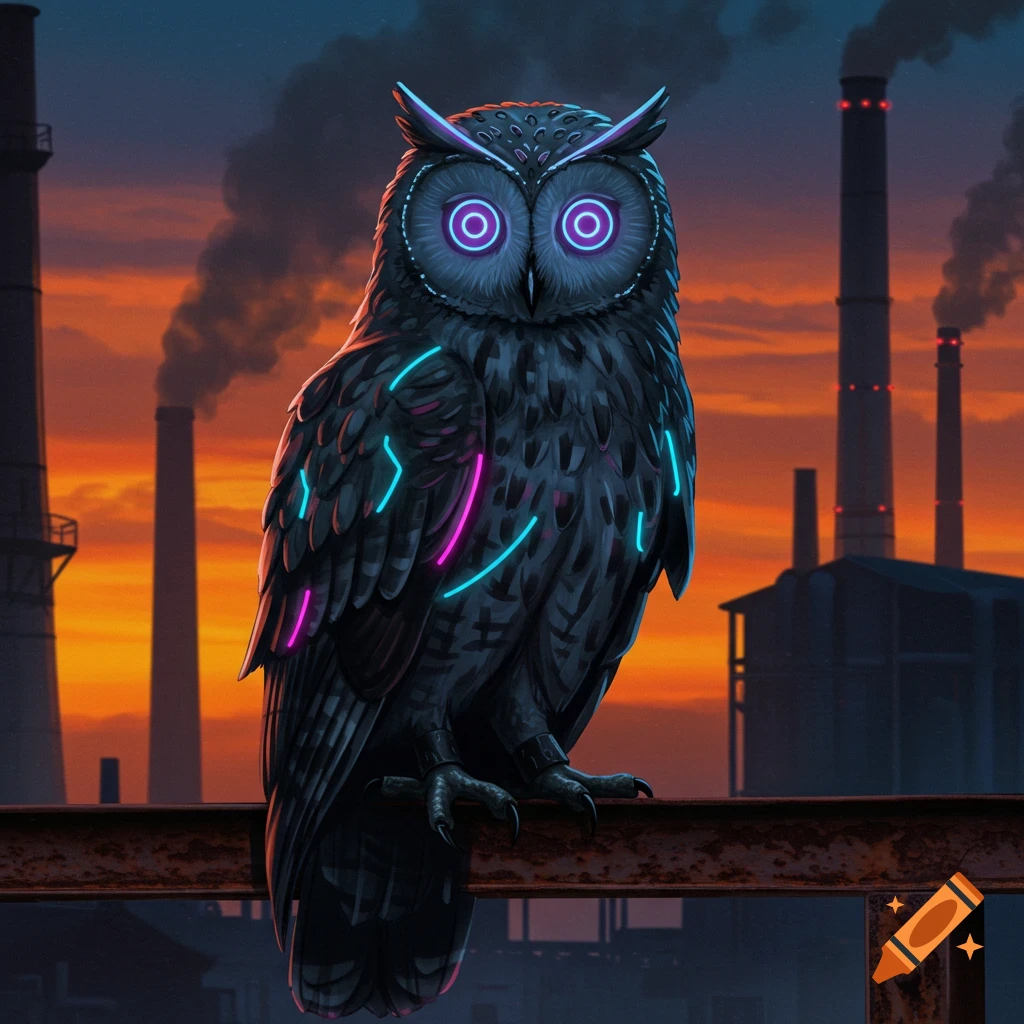 A dark owl with glowing purple and blue markings perches on a beam in front of industrial smokestacks at sunset.