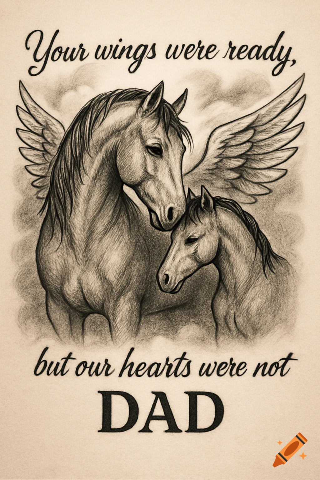 Pencil drawing of two winged horses nuzzling, with text reading "Your wings were ready, but our hearts were not DAD"