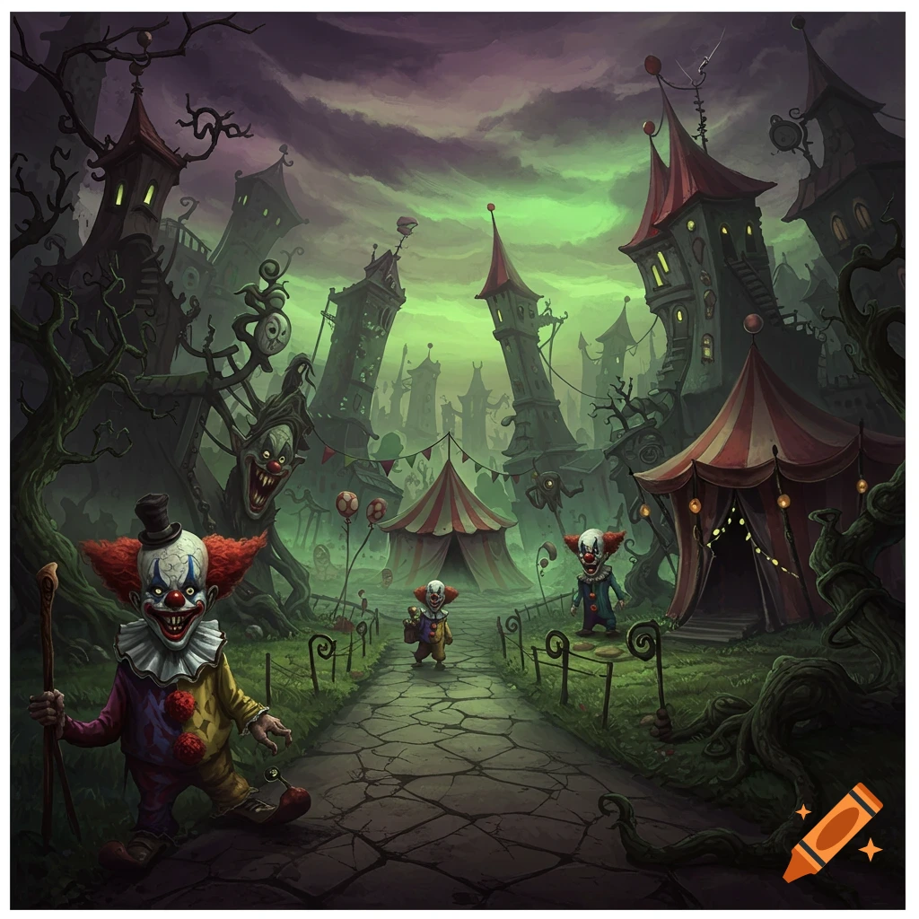 Illustrative scene of creepy clowns in a dark, twisted carnival world.