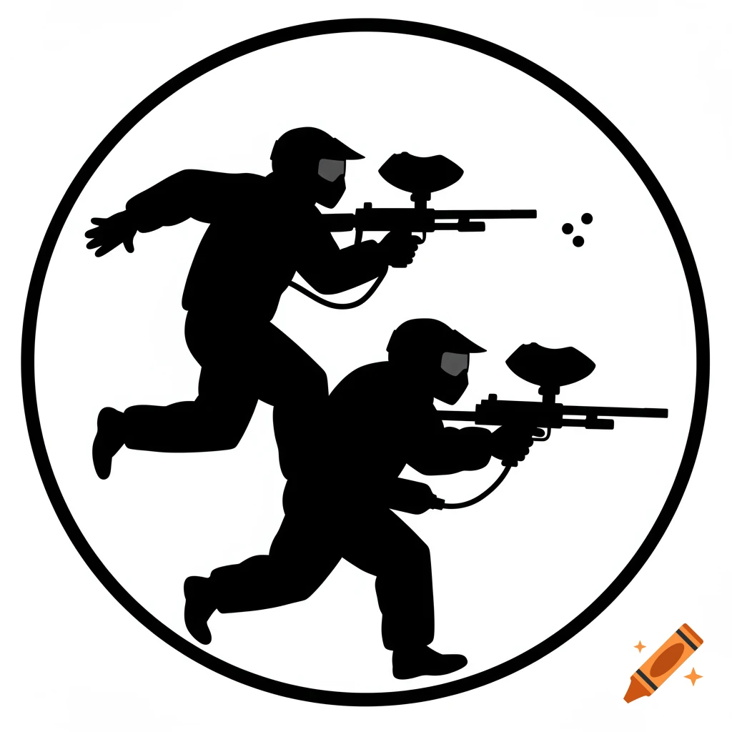 Silhouette of two paintball players, one running and one shooting, inside a circle.