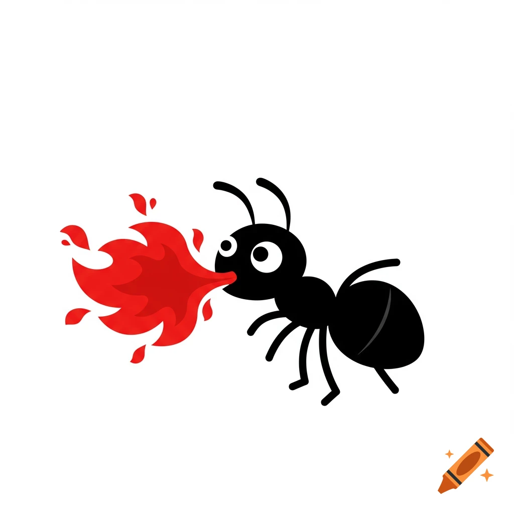 Cartoon black ant breathing red fire in clip art style