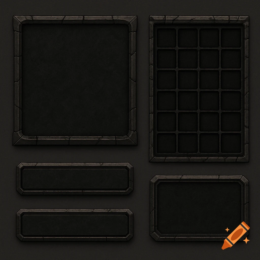 Set of dark stone RPG UI elements including panels and buttons.