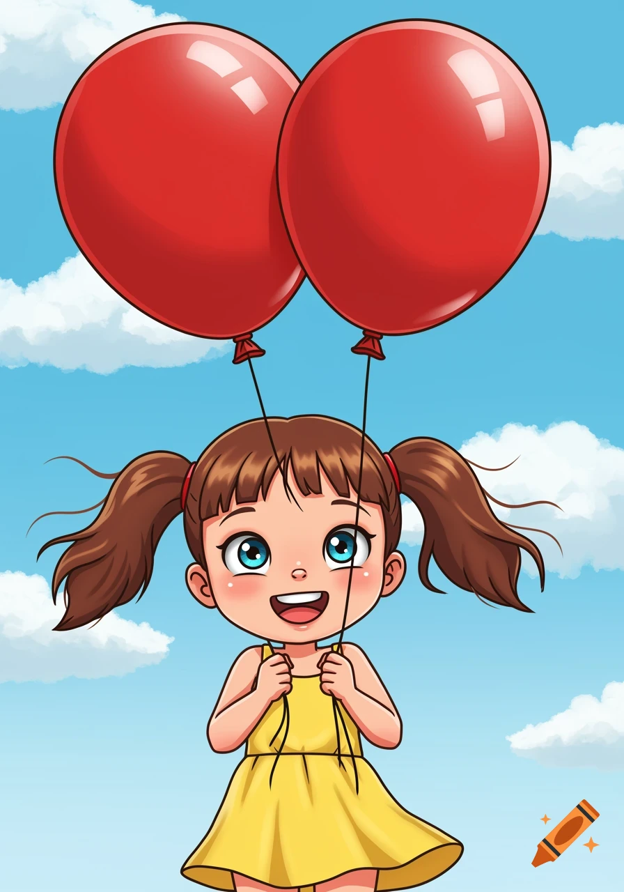Cartoon illustration of a child holding red balloons in the sky.