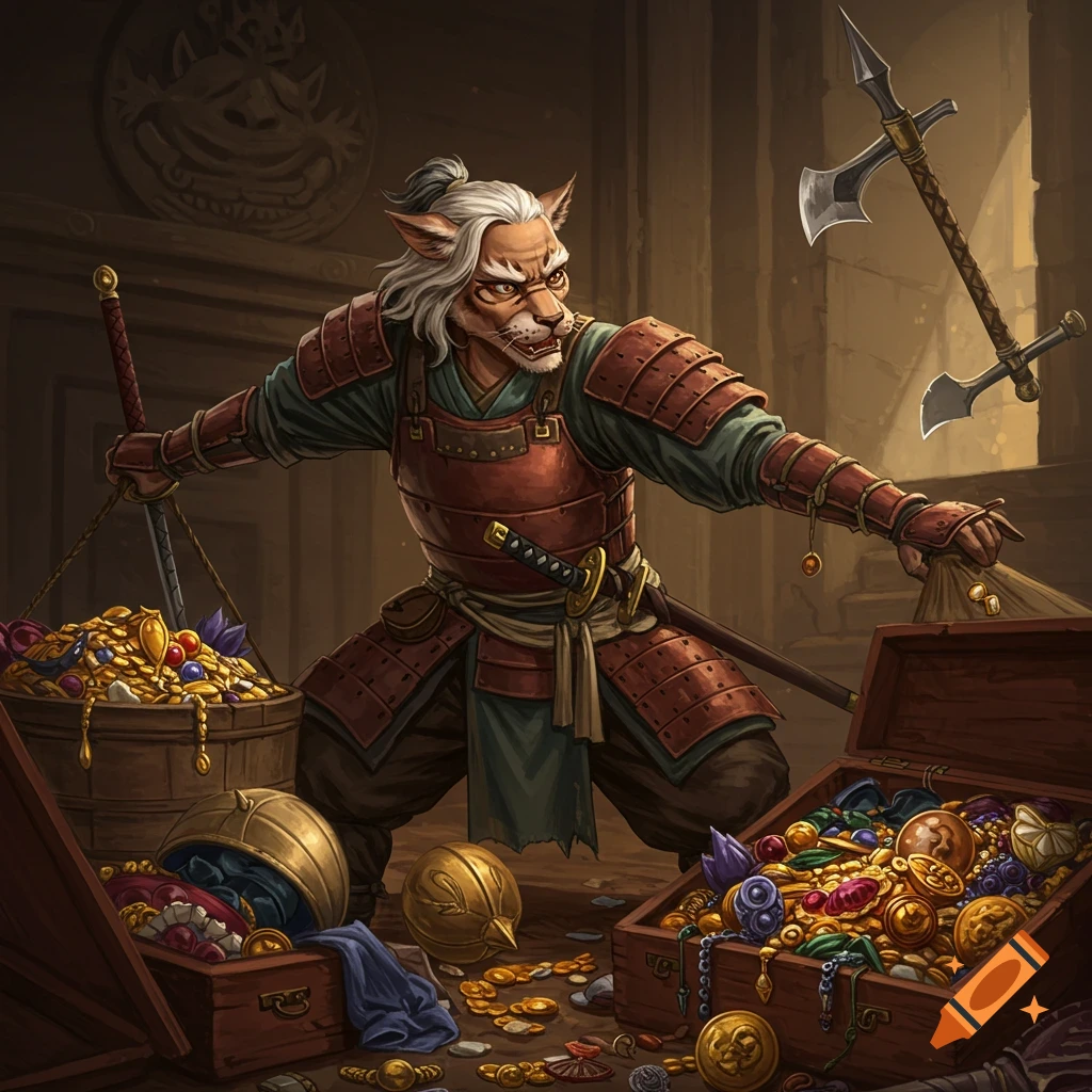 Anthro samurai guards a large pile of treasure.