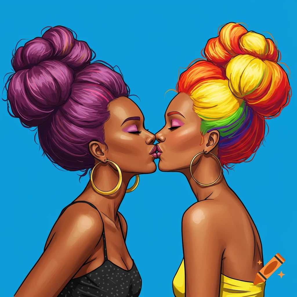 Two women with colorful hair kissing in an illustration style