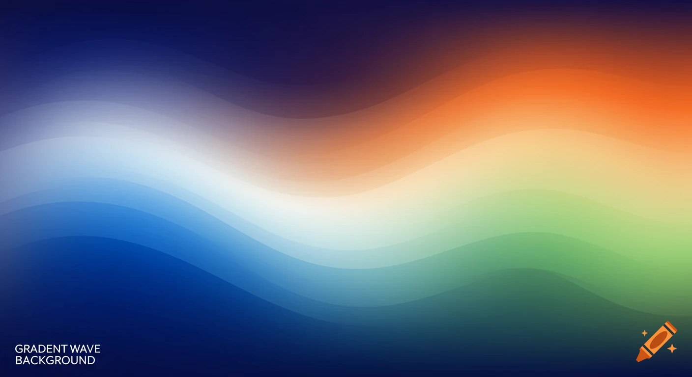 Gradient wave background featuring horizontal bands of dark blue, light blue, white, orange, and green.