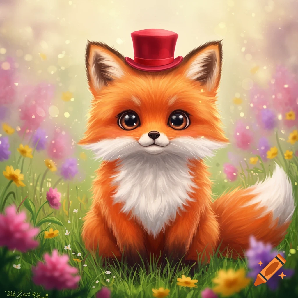 Cute illustrated fox wearing a red top hat, sitting in a field of colorful flowers.