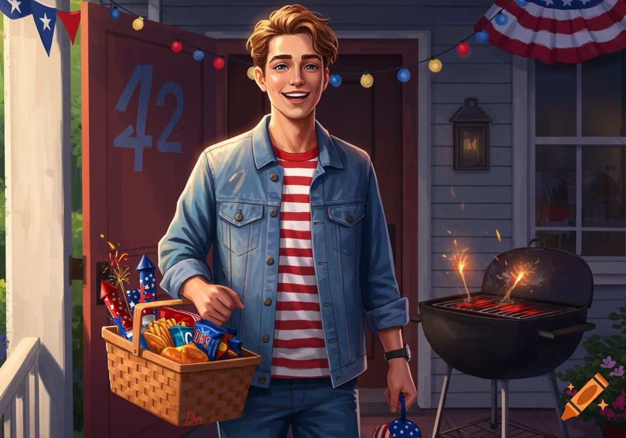 Young man holding a basket of snacks and fireworks, standing by a grill at a July 4th barbecue.