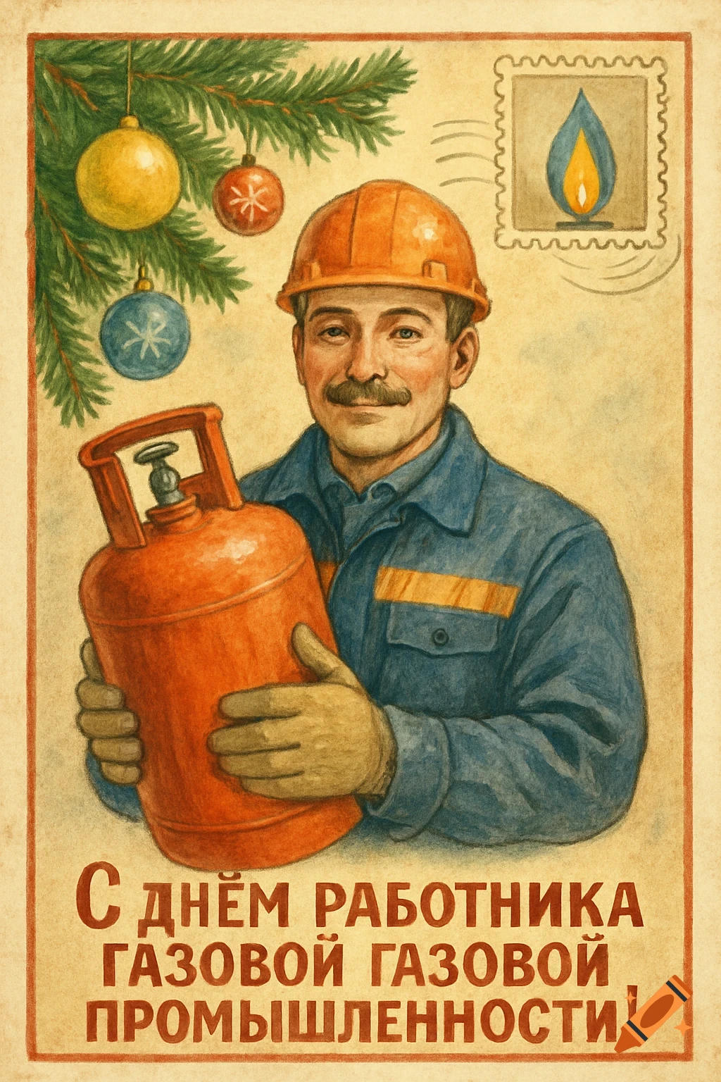 Illustration of a worker in a hard hat holding a gas cylinder under Christmas decorations with text below, in a vintage postcard style.