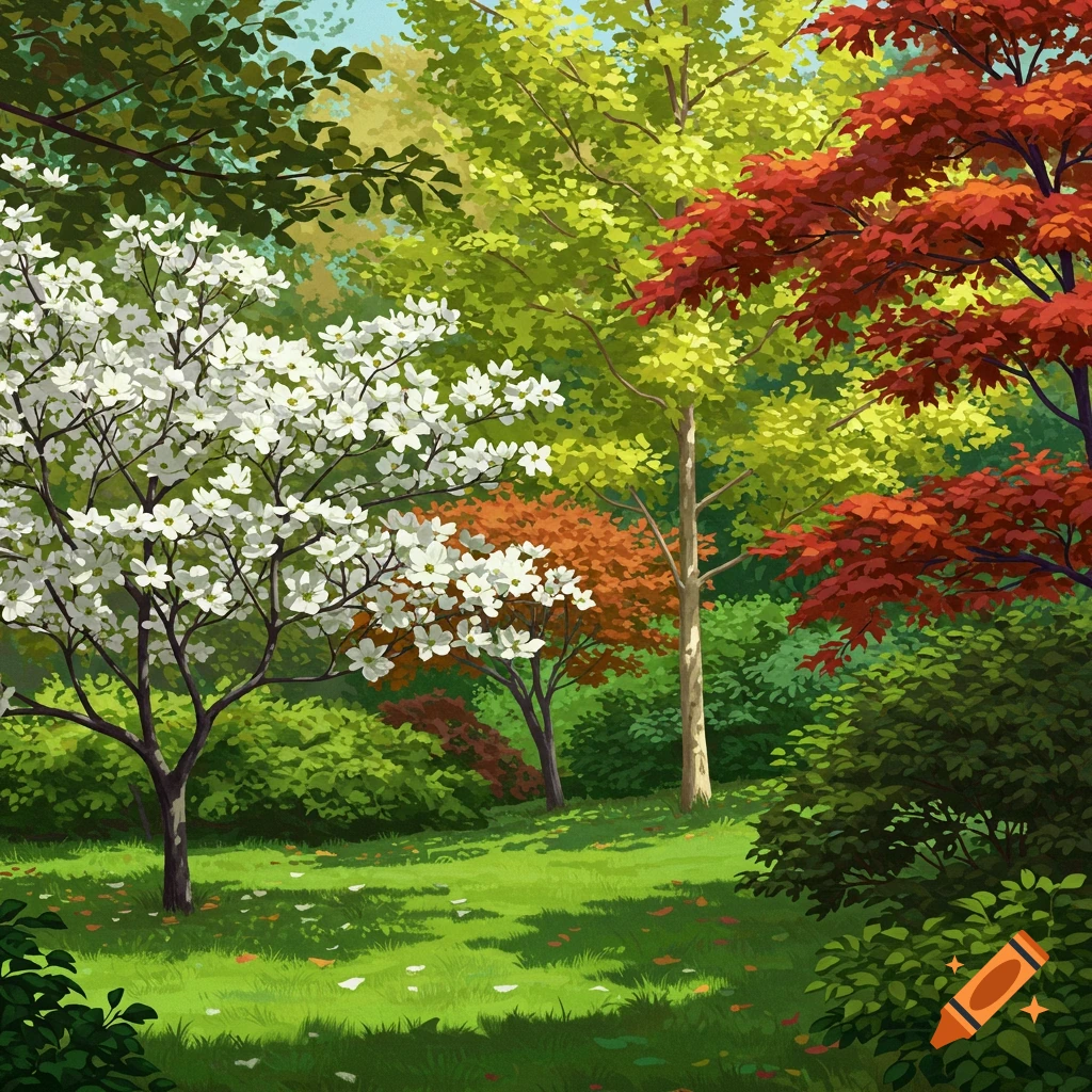 A stylized illustration of a garden with dogwood, ginkgo, and Japanese maple trees.