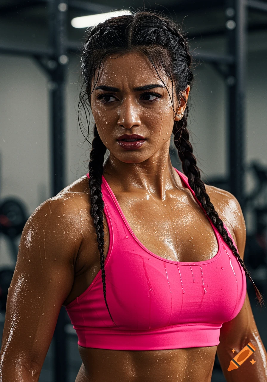Close-up portrait of a strong woman in a pink crop top sweating profusely after a workout in a gym.