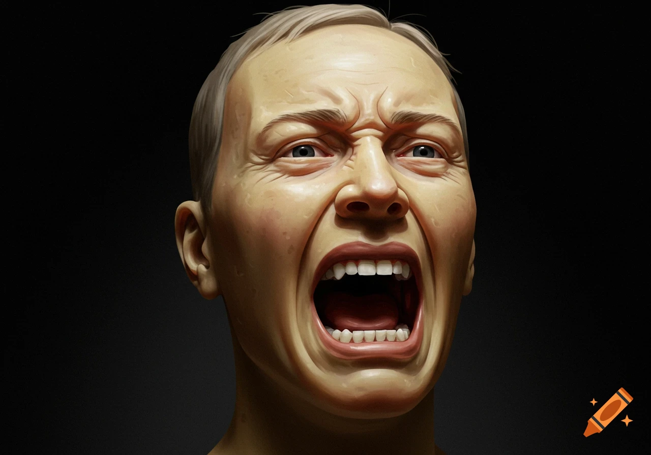 Close-up of a wax head screaming.