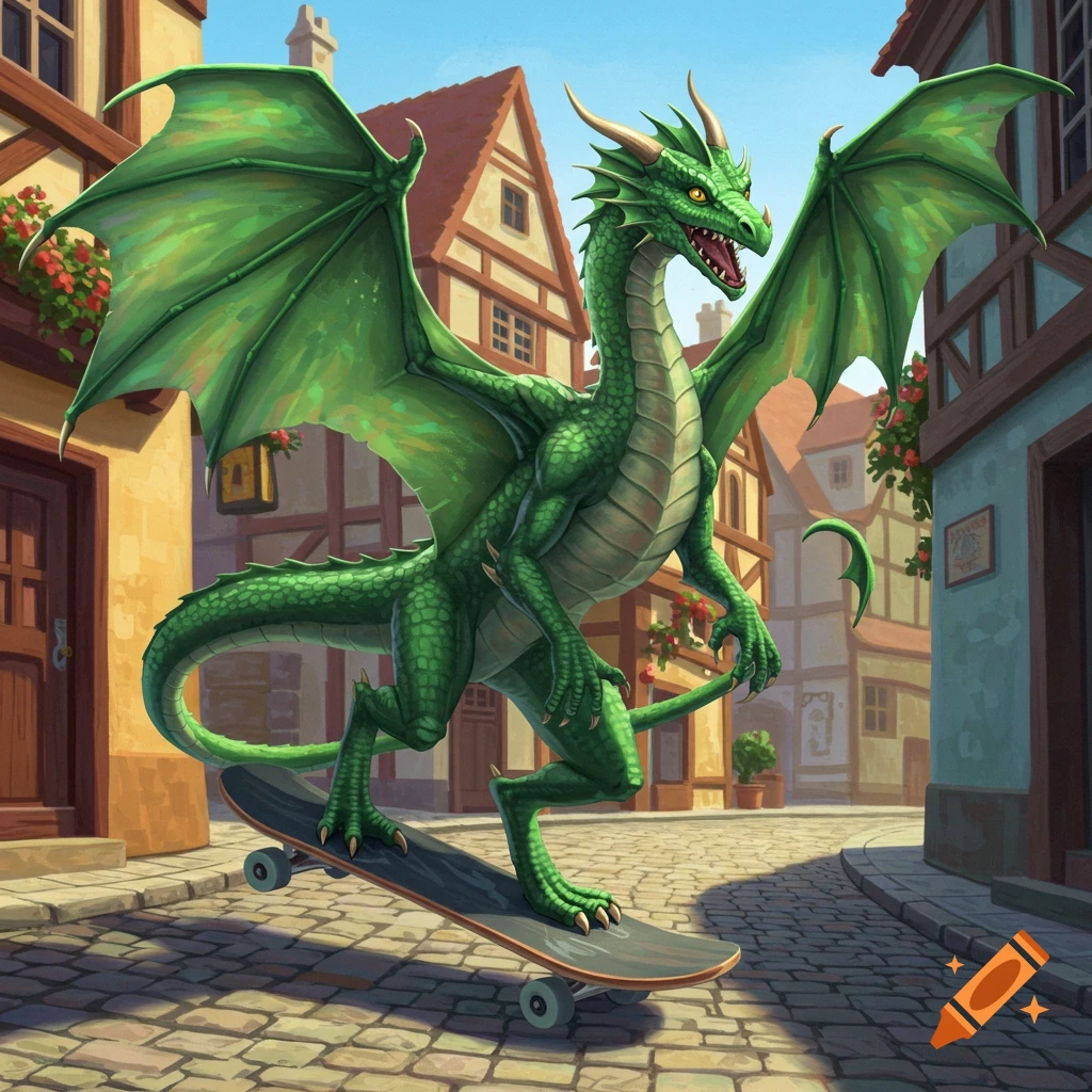 A green dragon rides a skateboard down a cobblestone street in a village.