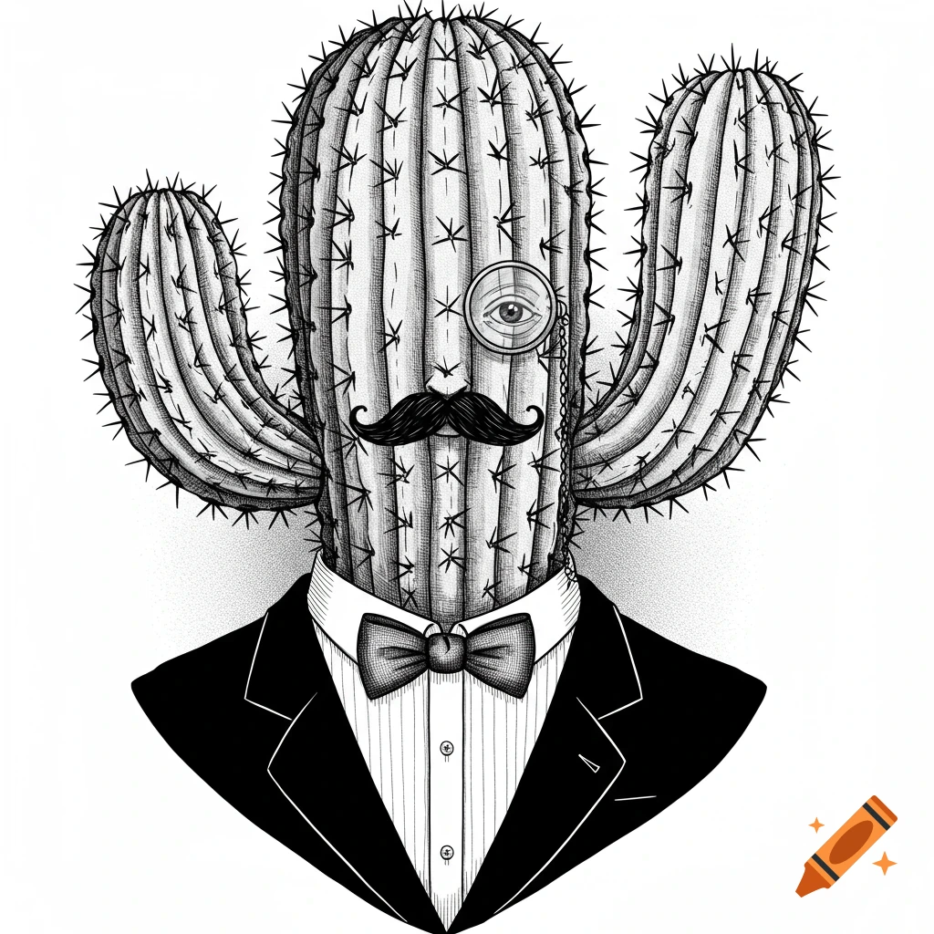 Black and white sketch of a cactus in a suit, bow tie, and monocle.