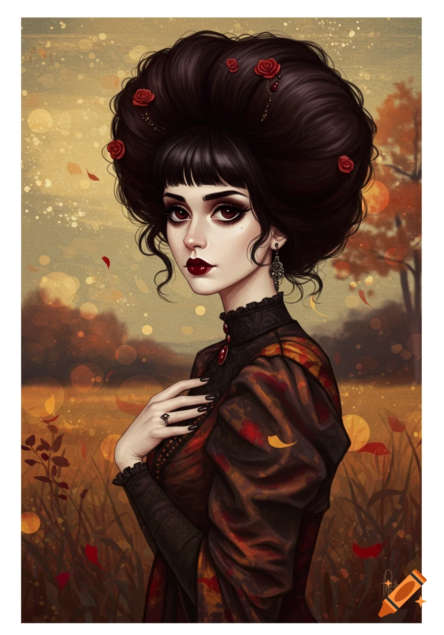 Portrait of a gothic woman with dark hair and roses in an autumn field, painterly style