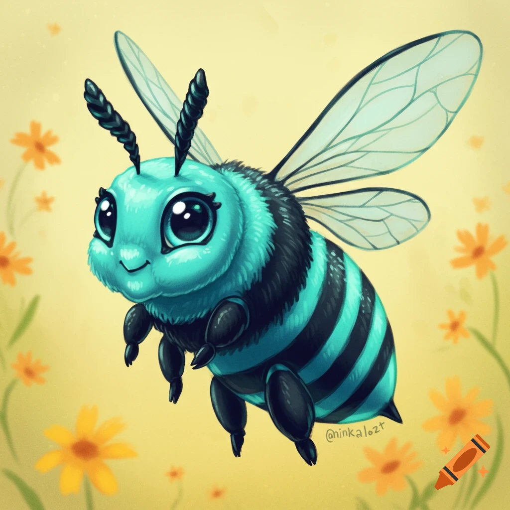 A cute cartoon cyan and black bee flying among yellow flowers.
