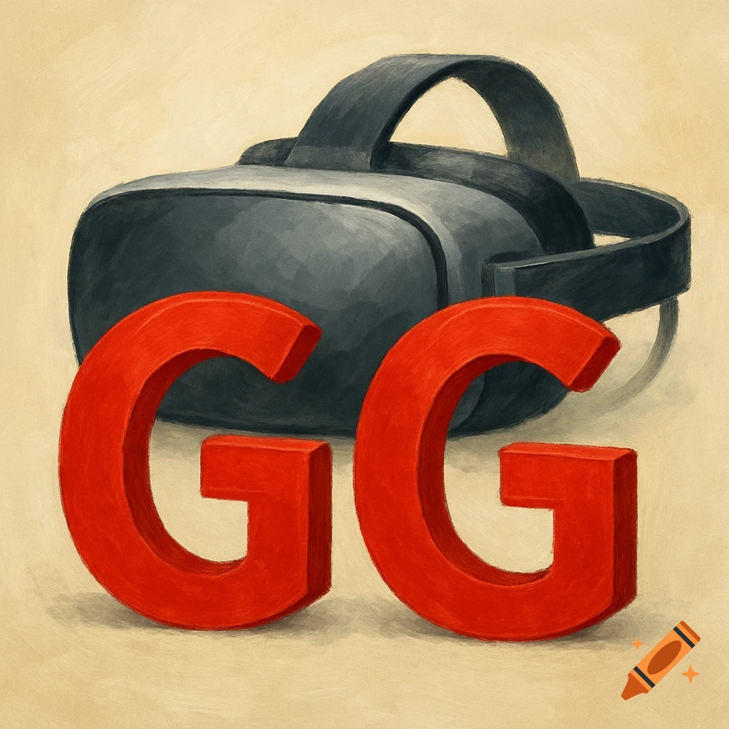 Two red capital letters GG in front of a VR headset in a painted style.