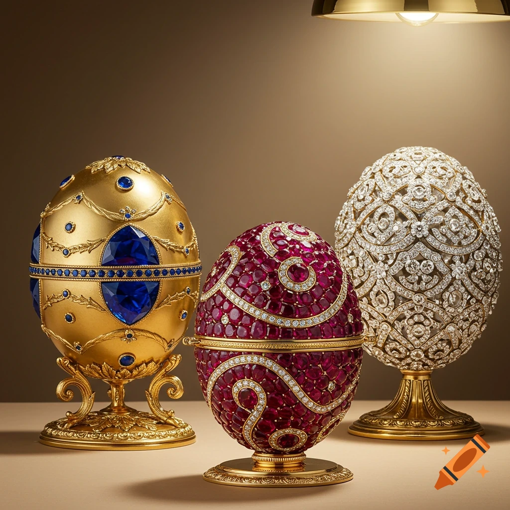 Three ornate Faberge-style eggs: gold with blue gems, ruby with diamonds, and all diamond-covered, on stands.