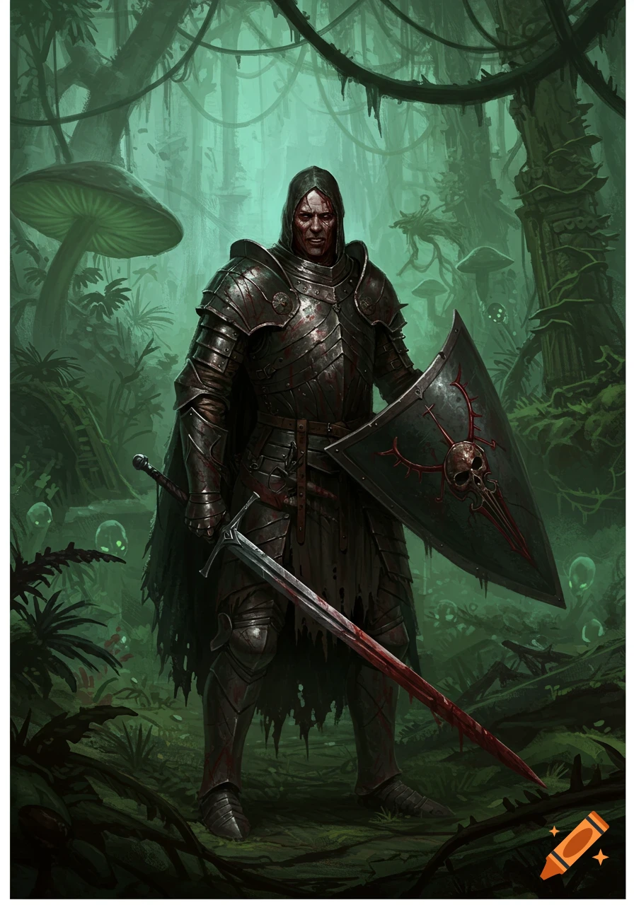 A grim dark knight in blood-splattered armor stands in a misty jungle with large mushrooms and ghostly figures.