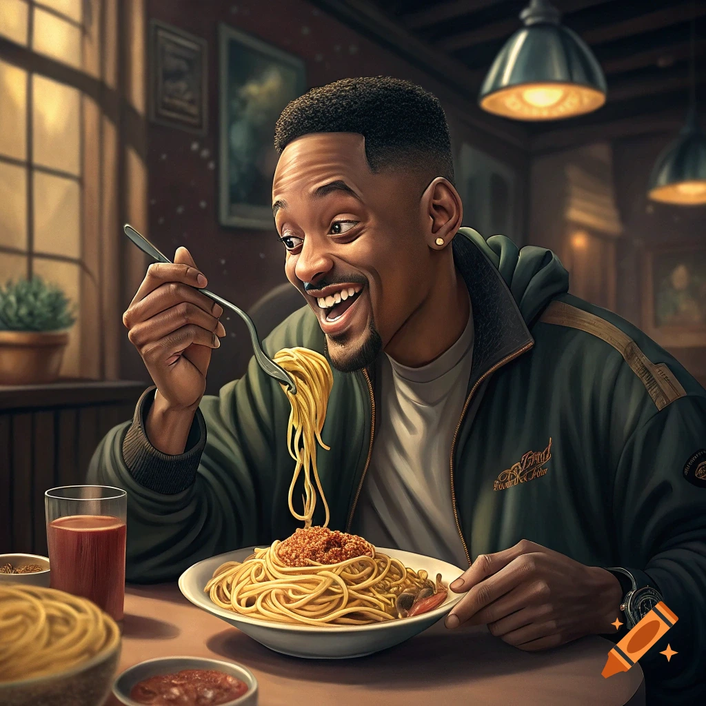 Will Smith smiles while eating spaghetti