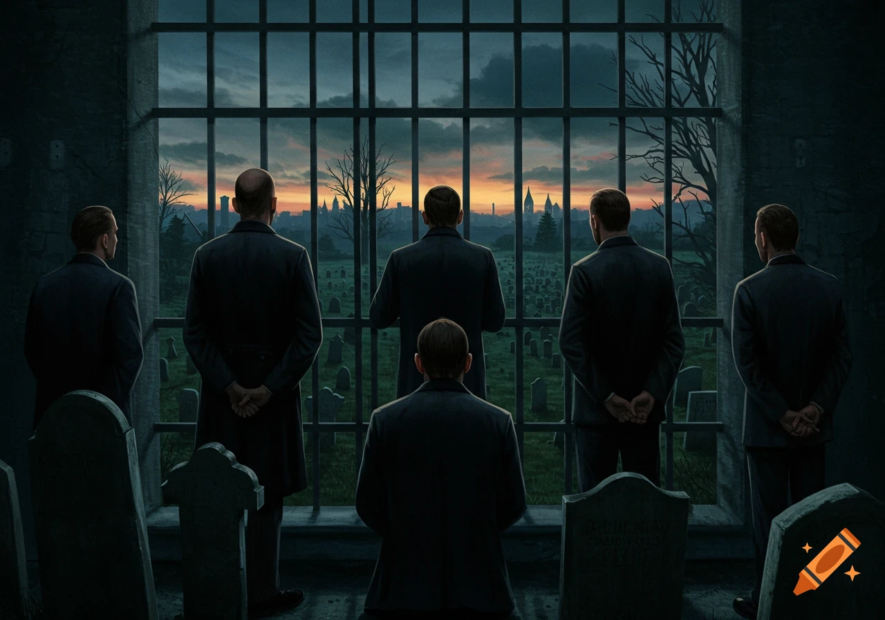Men look through a barred window at a cemetery and cityscape at twilight.