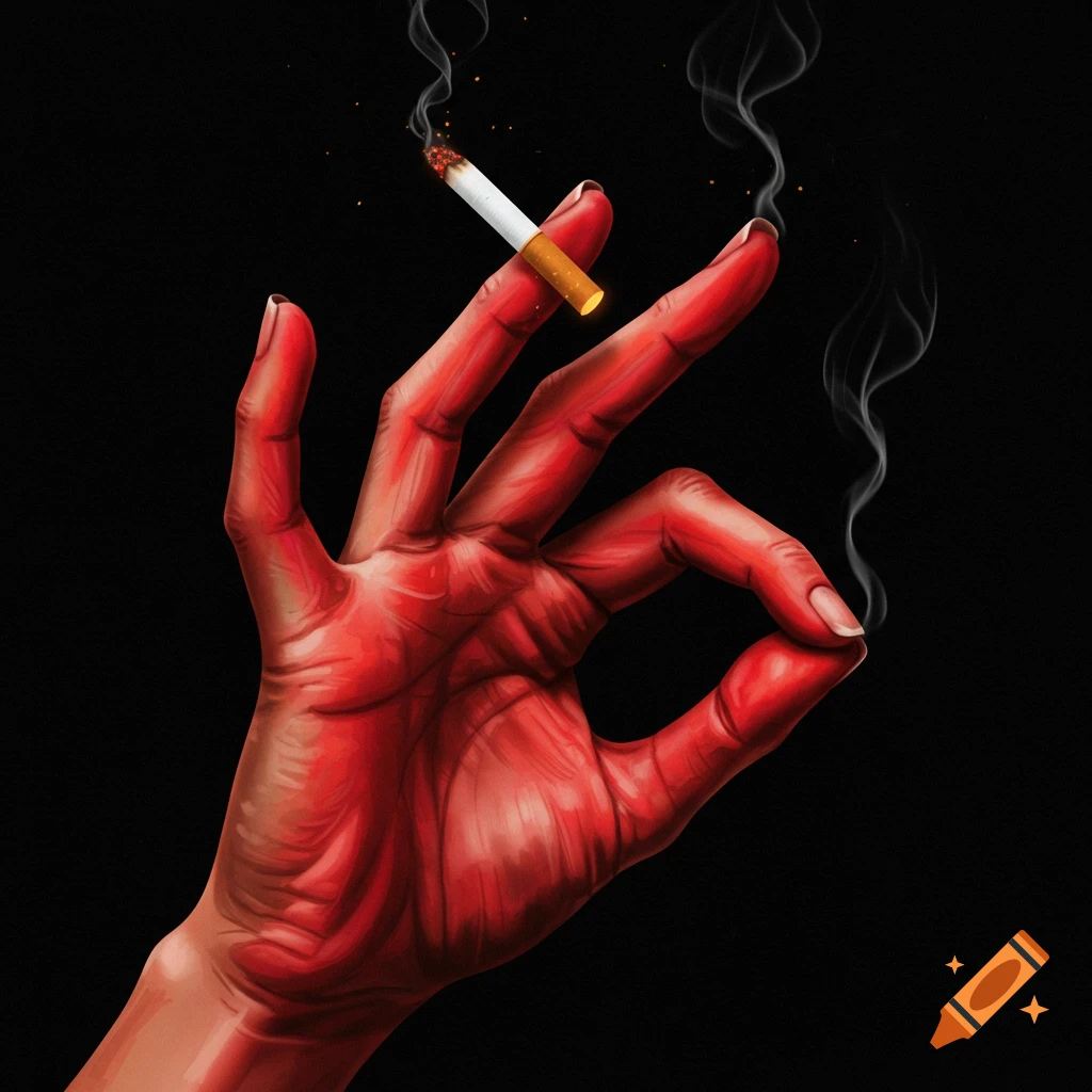 Illustration of a red hand holding a lit cigarette and making an OK gesture.