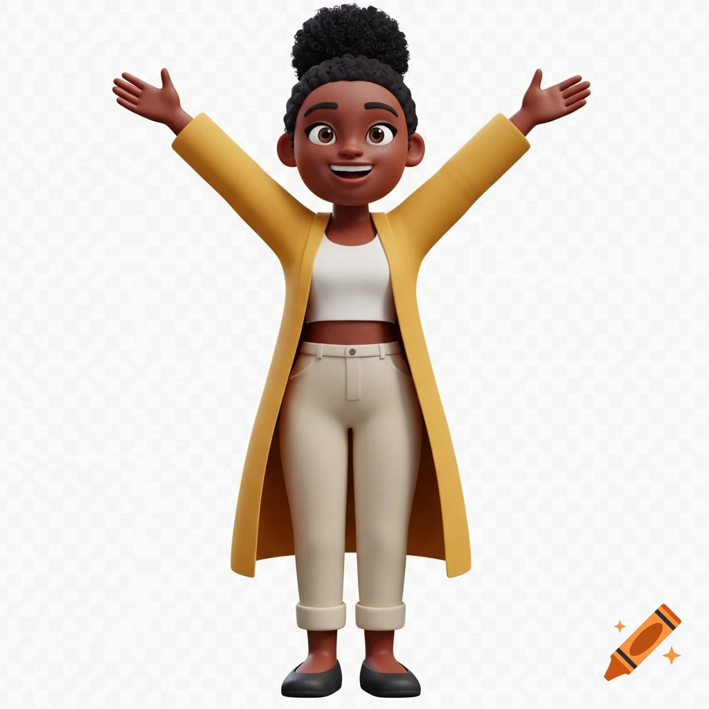 3D animated young Black woman with arms raised high, wearing a yellow cardigan and beige pants.
