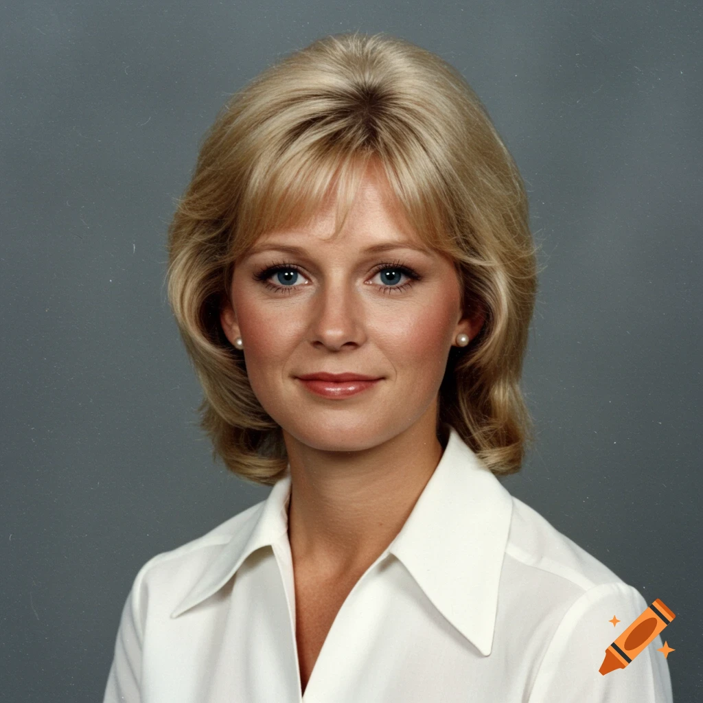 1970s studio portrait of a blonde woman in a white shirt