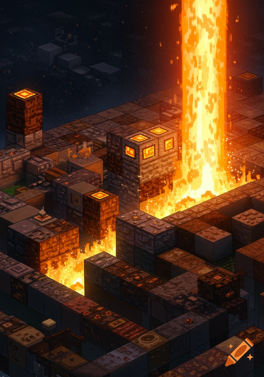 An isometric view of a Minecraft-style maze with a large column of fire rising from the back.