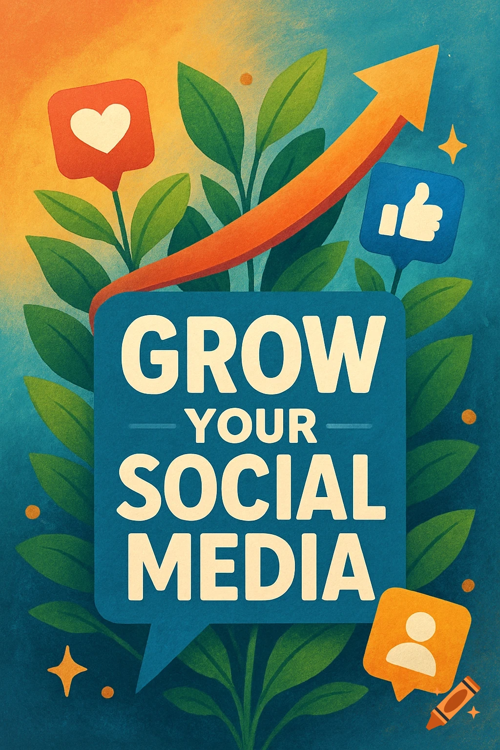 Graphic illustration showing text "GROW YOUR SOCIAL MEDIA" in a speech bubble surrounded by leaves, an upward-pointing arrow, and social media icons.