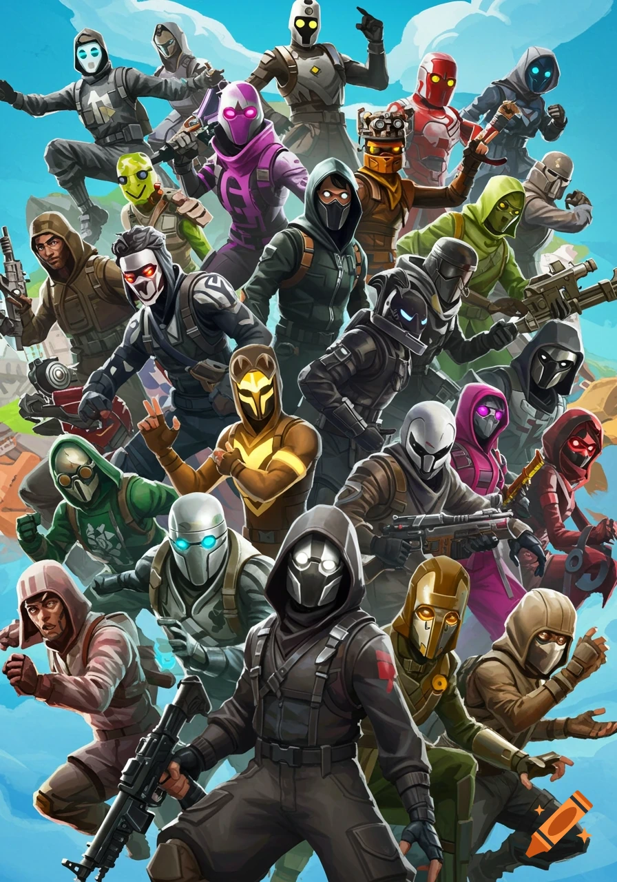 Collection of stylized video game characters resembling Fortnite skins in action poses.