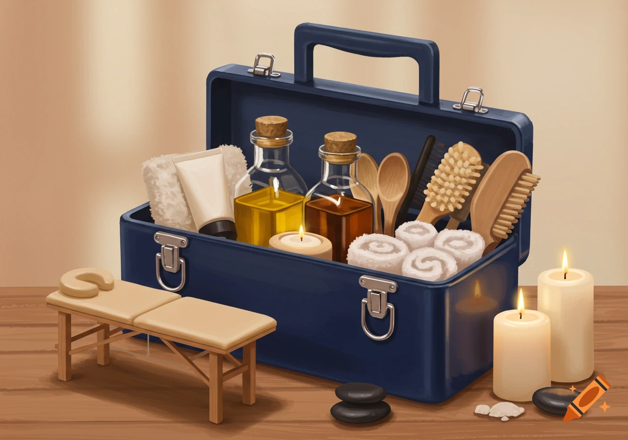 An illustration of massage supplies including oil bottles, towels, brushes, stones, and candles next to a massage table.