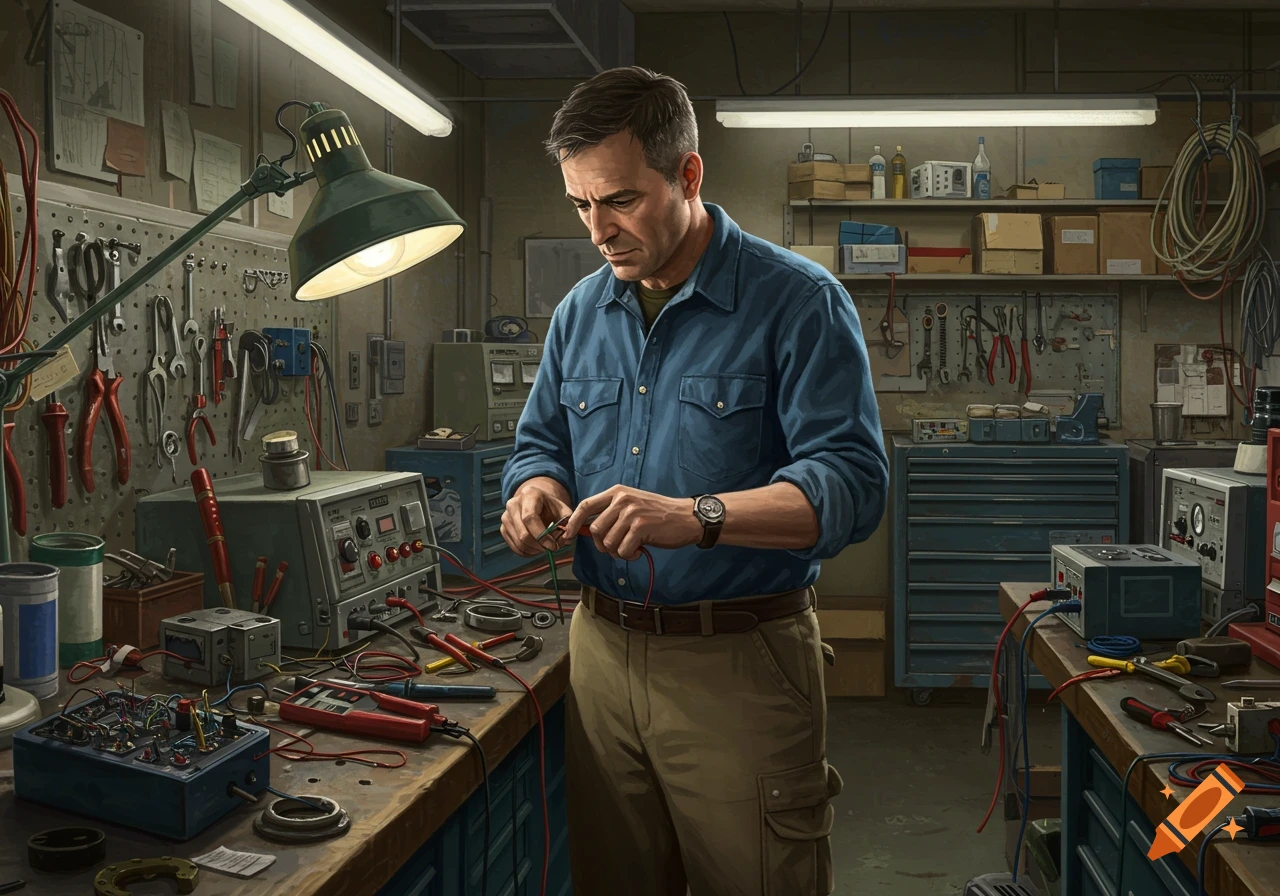 A man works on electrical equipment in a cluttered workshop.