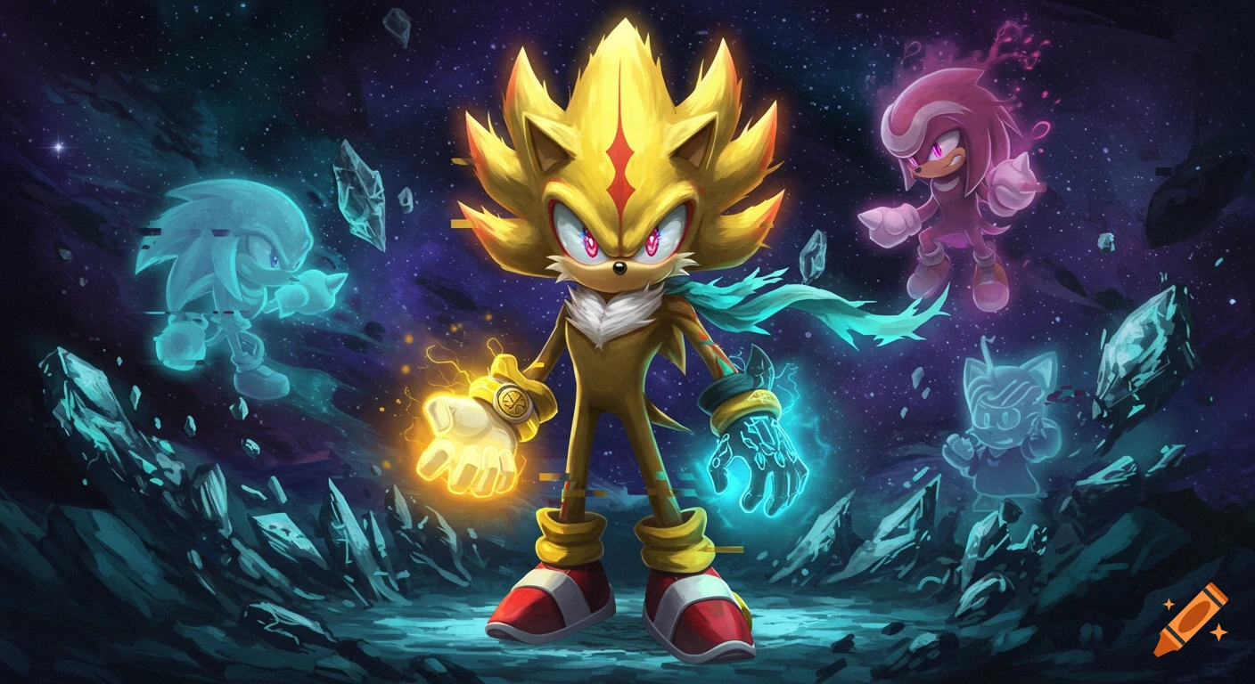 Super Sonic Prime with glowing hands in a cosmic scene featuring spectral Tails, Knuckles, and Sage. Digital painting style.