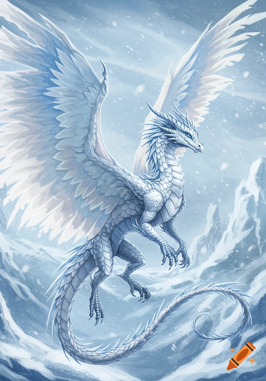 White dragon flying in a snowy mountain landscape, digital illustration.