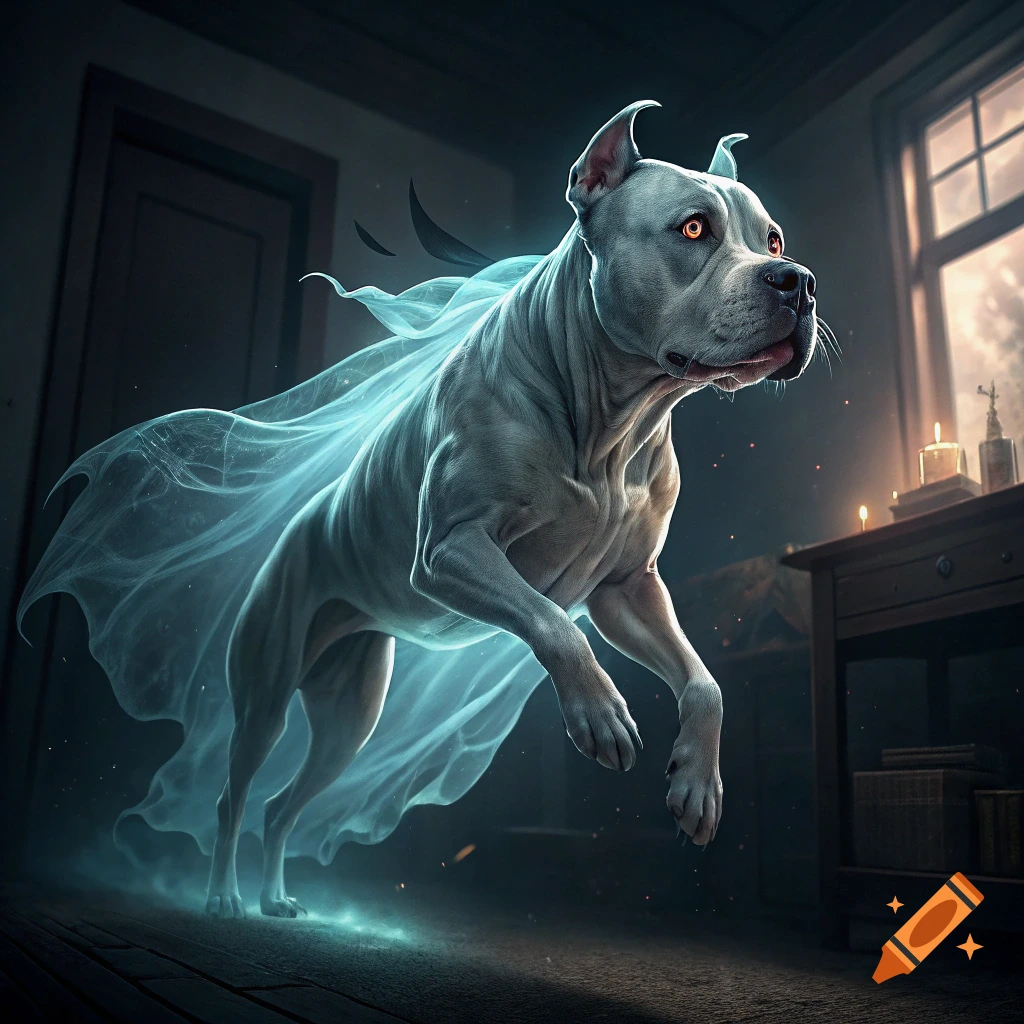 A ghostly white pitbull with glowing eyes floats through a dark room.