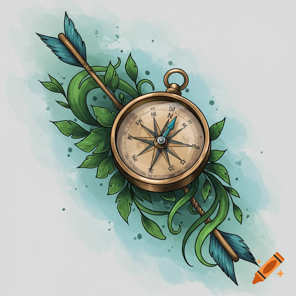 An illustration of a compass with an arrow passing through it, surrounded by green leaves and vines, in a tattoo design style.