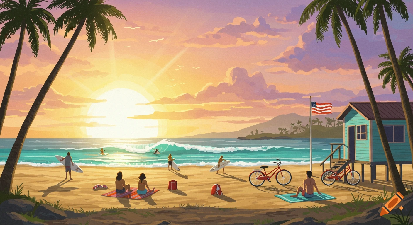 Vintage illustration of a beach at sunset with surfers, sunbathers, bikes, palm trees, and a lifeguard shack.